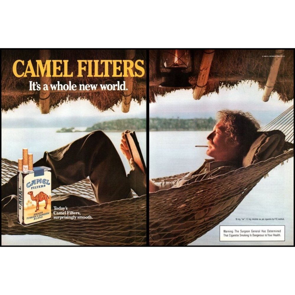 1985 Camel Filters Cigarettes 2 Page Vintage Print Ad Hammock Lake Man Wall Art